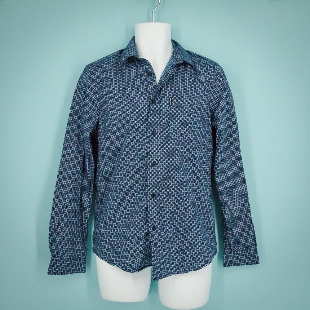 Ben Sherman Size Small S Shirt Geo Blue Print Soho Fit Button Long Sleeve Cotton